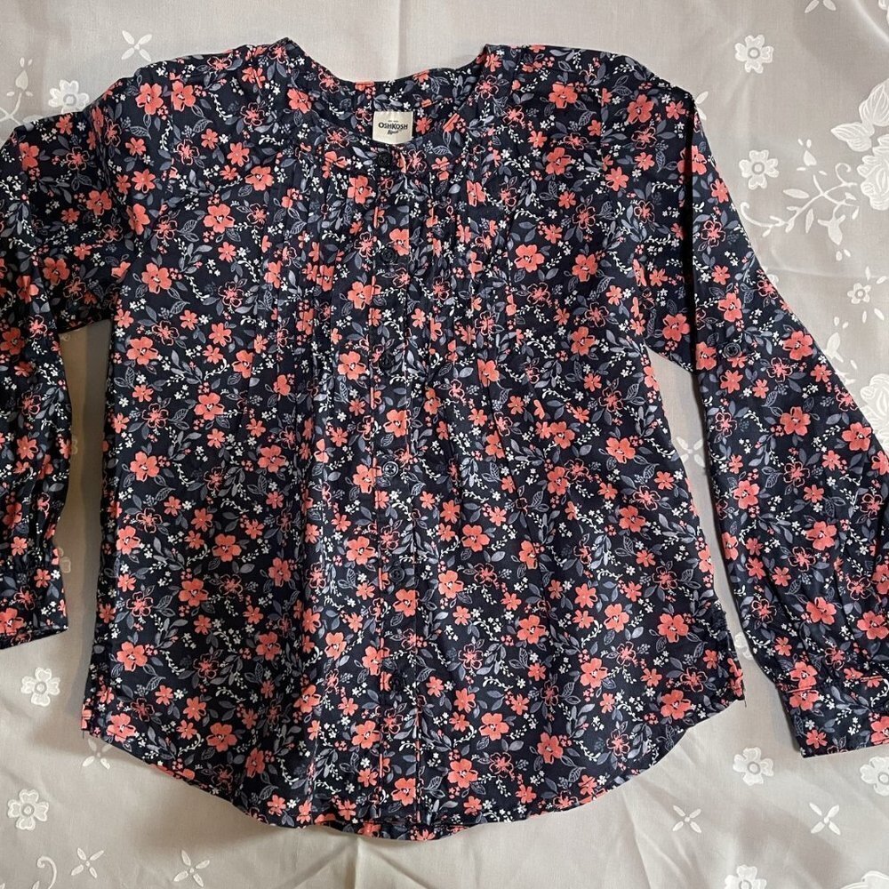 OSHKOSH B'Gosh Girls 4 Top Shirt Pleated Front Navy Blue Pink Floral Print - Picture 7 of 9